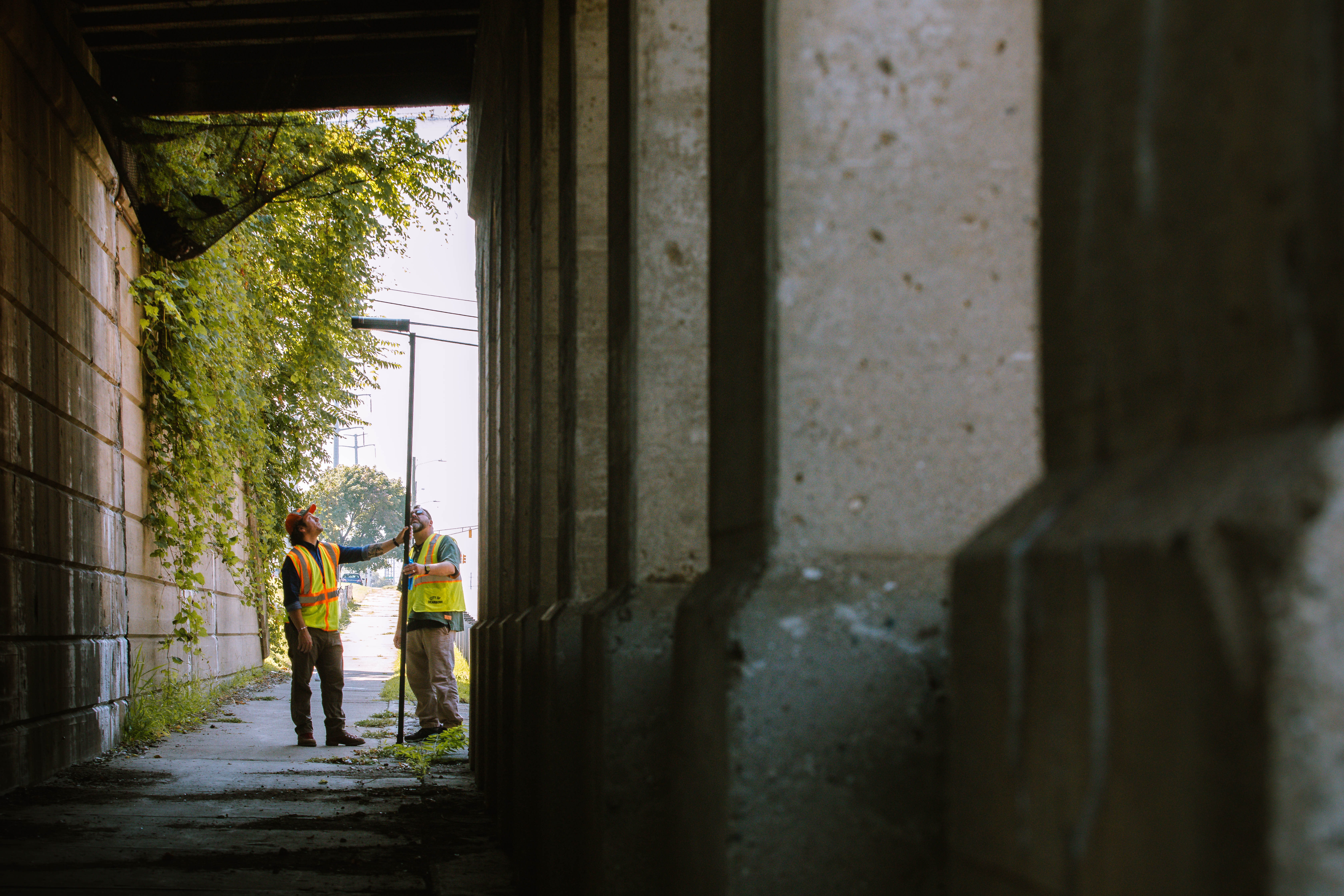 Public Works checking flood monitors