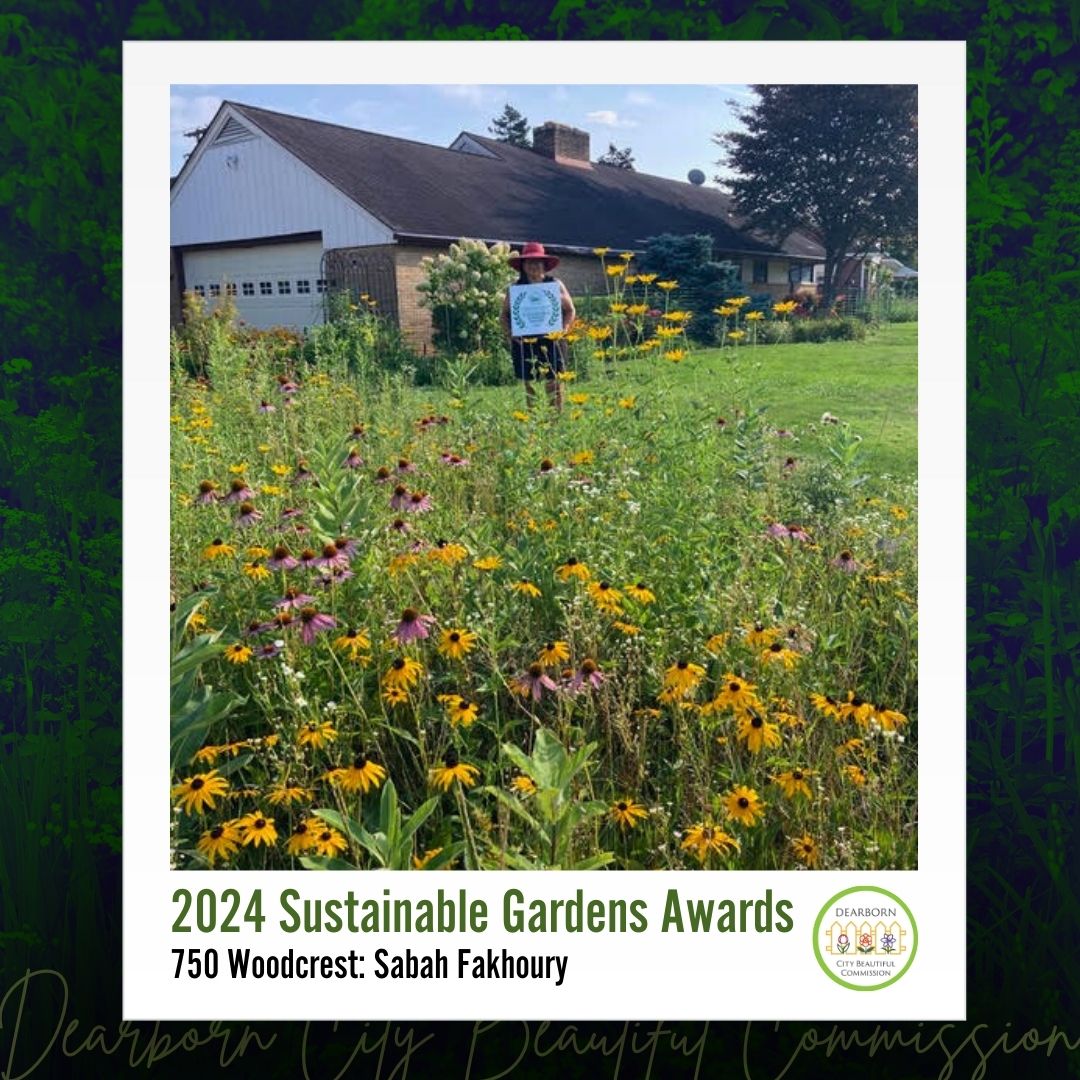 Photo: 2024 Dearborn City Beautiful Sustainable Gardens Awards honoree Sabah Fakhoury with their garden at 750 Woodcrest.