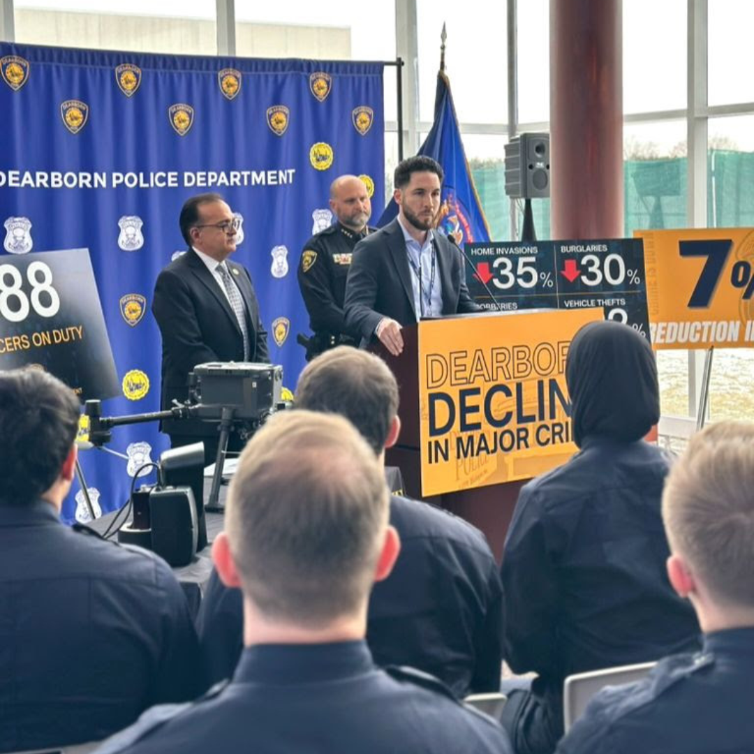 Photo caption: Dearborn Mayor Abdullah H. Hammoud announces significant drop in major crime for the year 2024 alongside Council President Michael T. Sareini and Police Chief Issa Shahin.