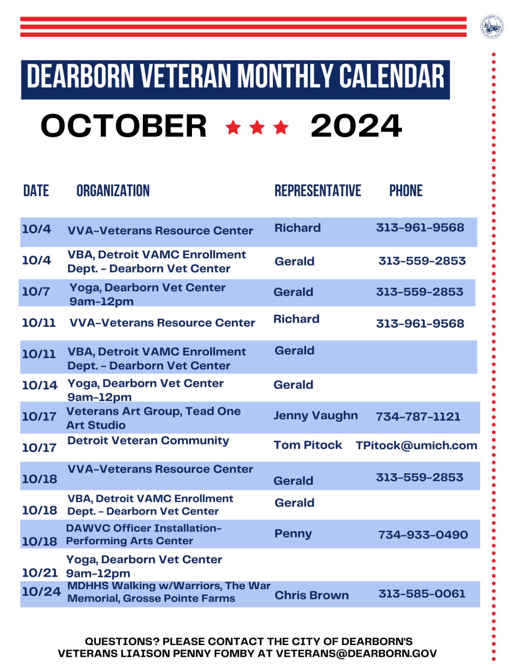 Veterans Services Calendar for 2024