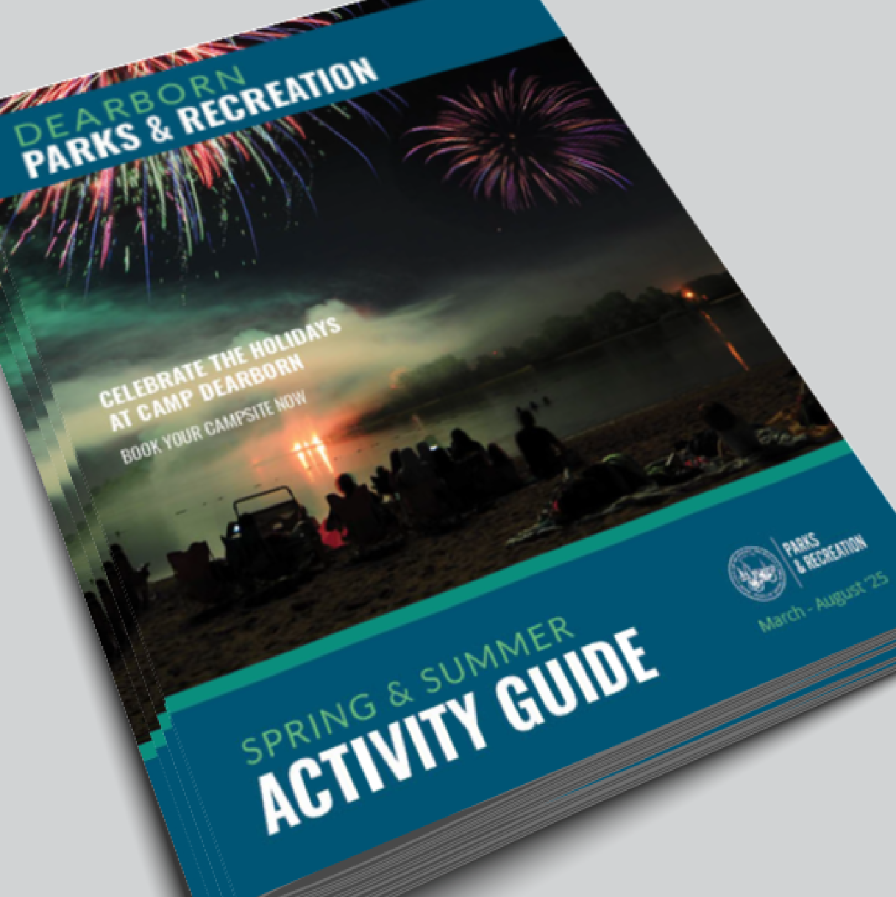 Photo of spring summer activity guide- fireworks over Camp Dearborn main beach