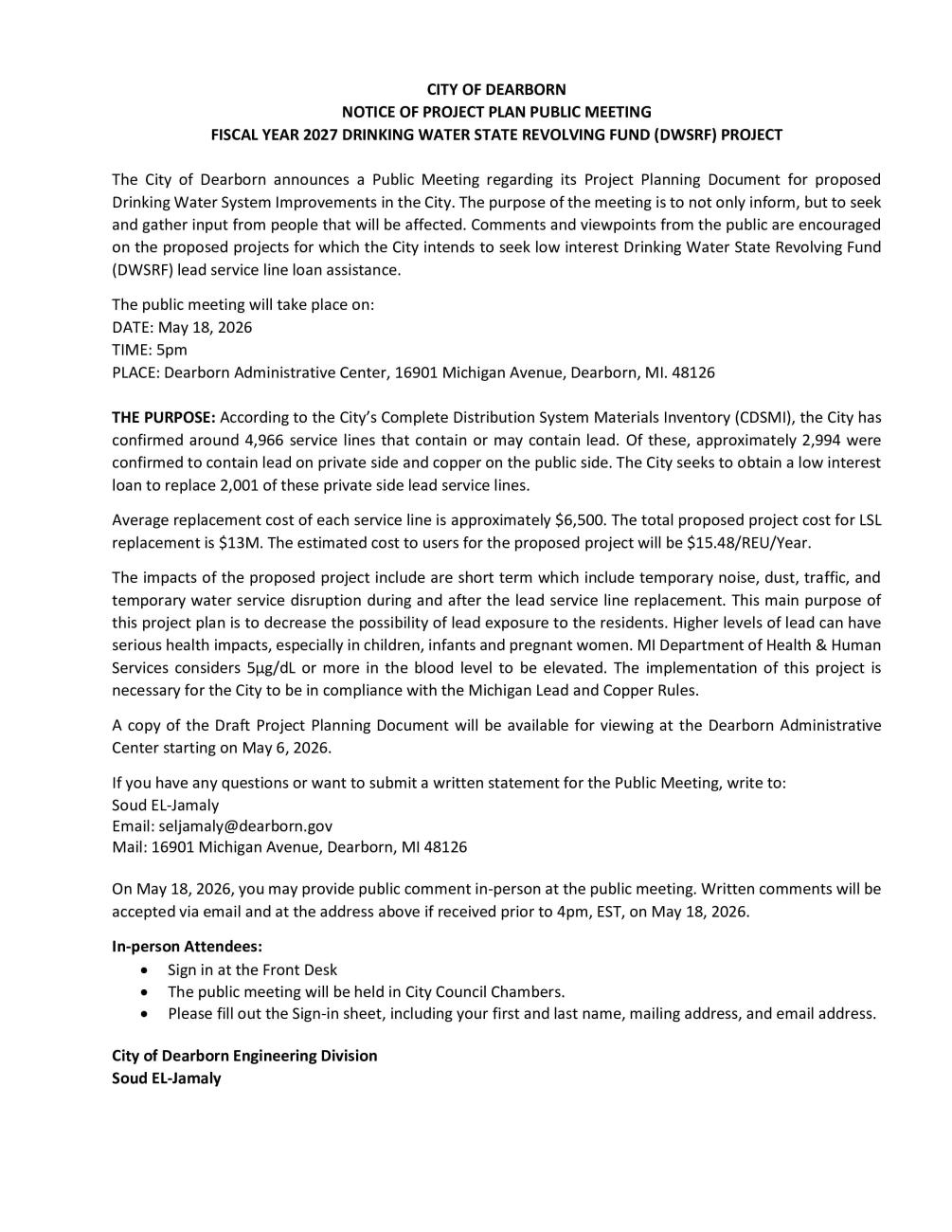 20260427 Dearborn DWSRF DRAFT Public Meeting Notice
