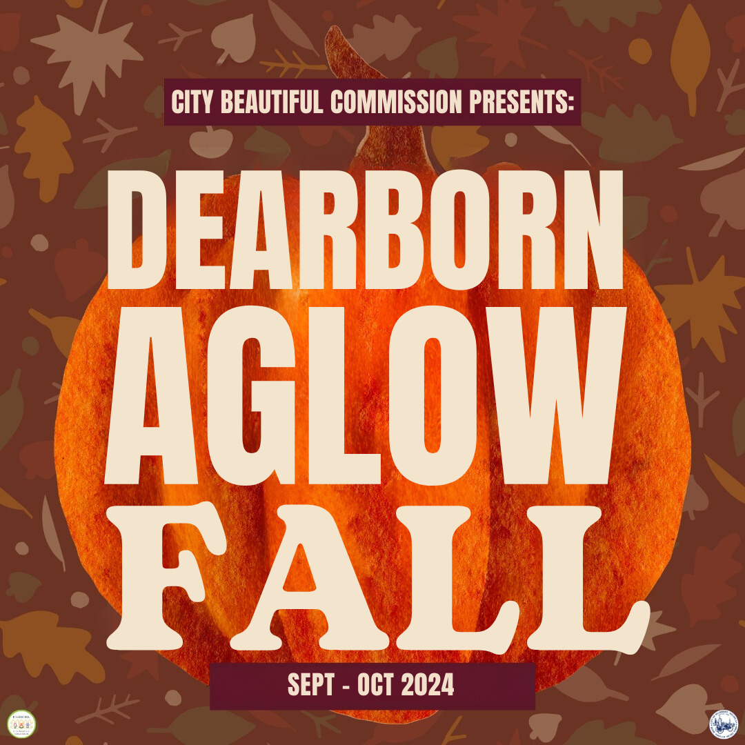 Fall background and a pumpkin with text for the City Beautiful Commission's Dearborn Aglow Fall program running September through October 2024. 